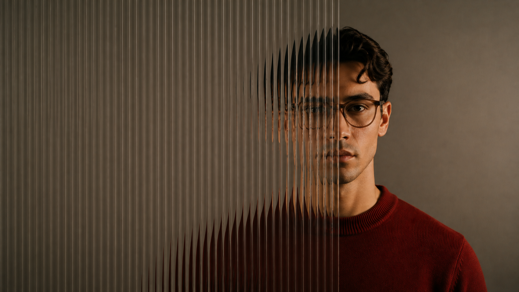 Man wearing glasses seen through clear and distorted glass