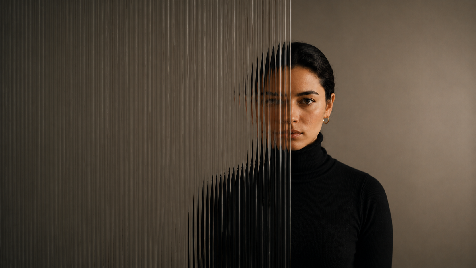 Woman seen through clear and distorted glass